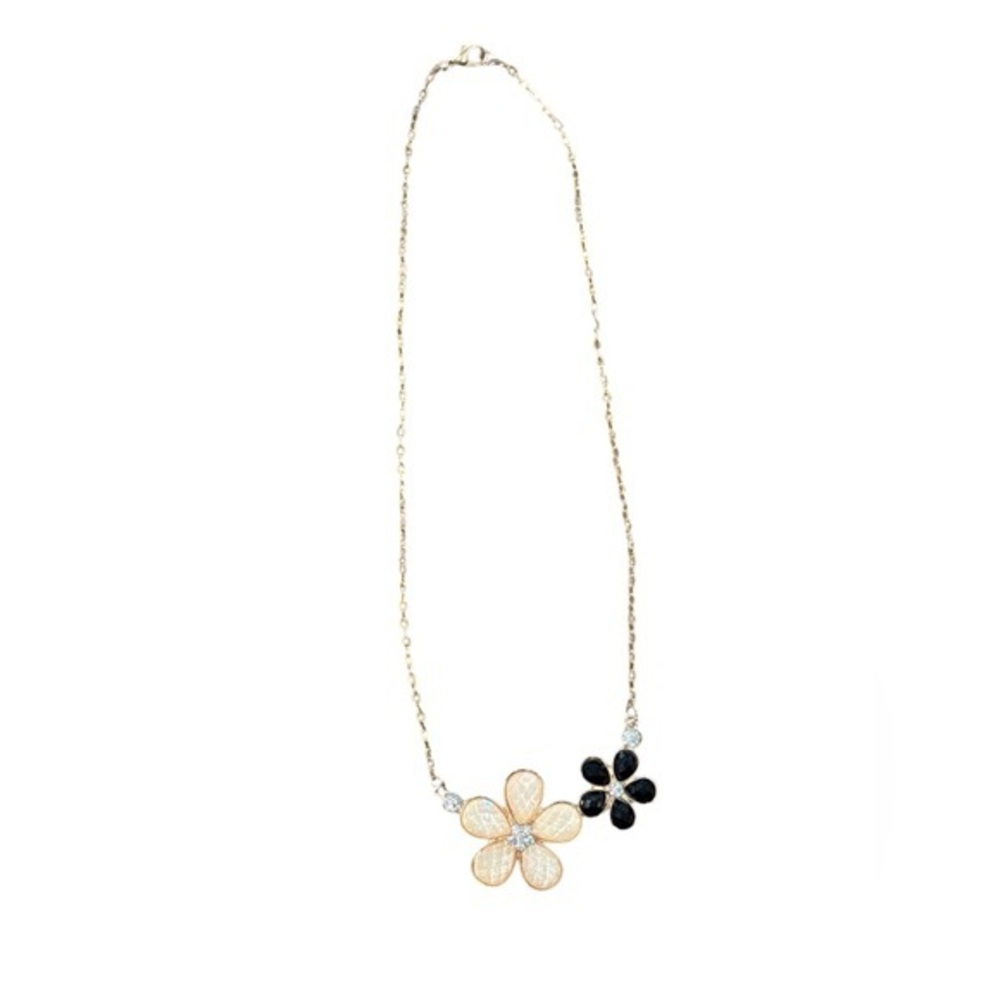 Gold Tone Double Flower Charm Necklace Cream Black Crystal OS